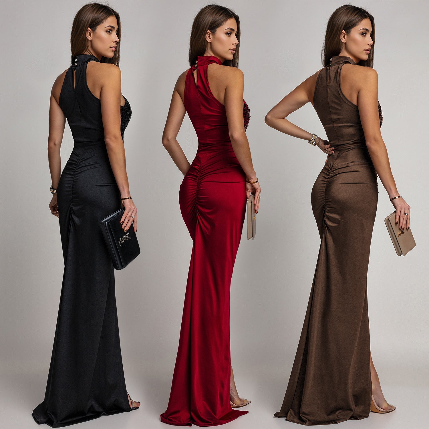 Robe Longue Moulante à Perles — Col Haut & Style Élégant Femme