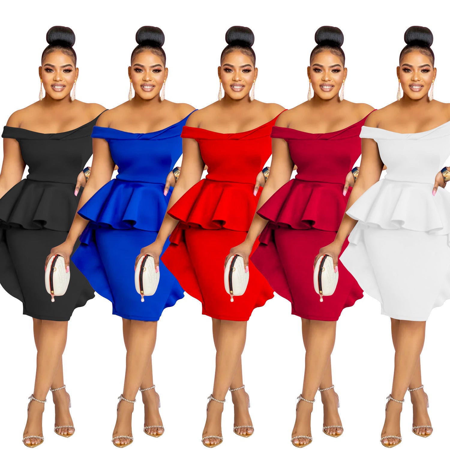 Robe Mi-Longue Femme Épaule Dénudée — Dentelle & Fermeture Zip Élégante
