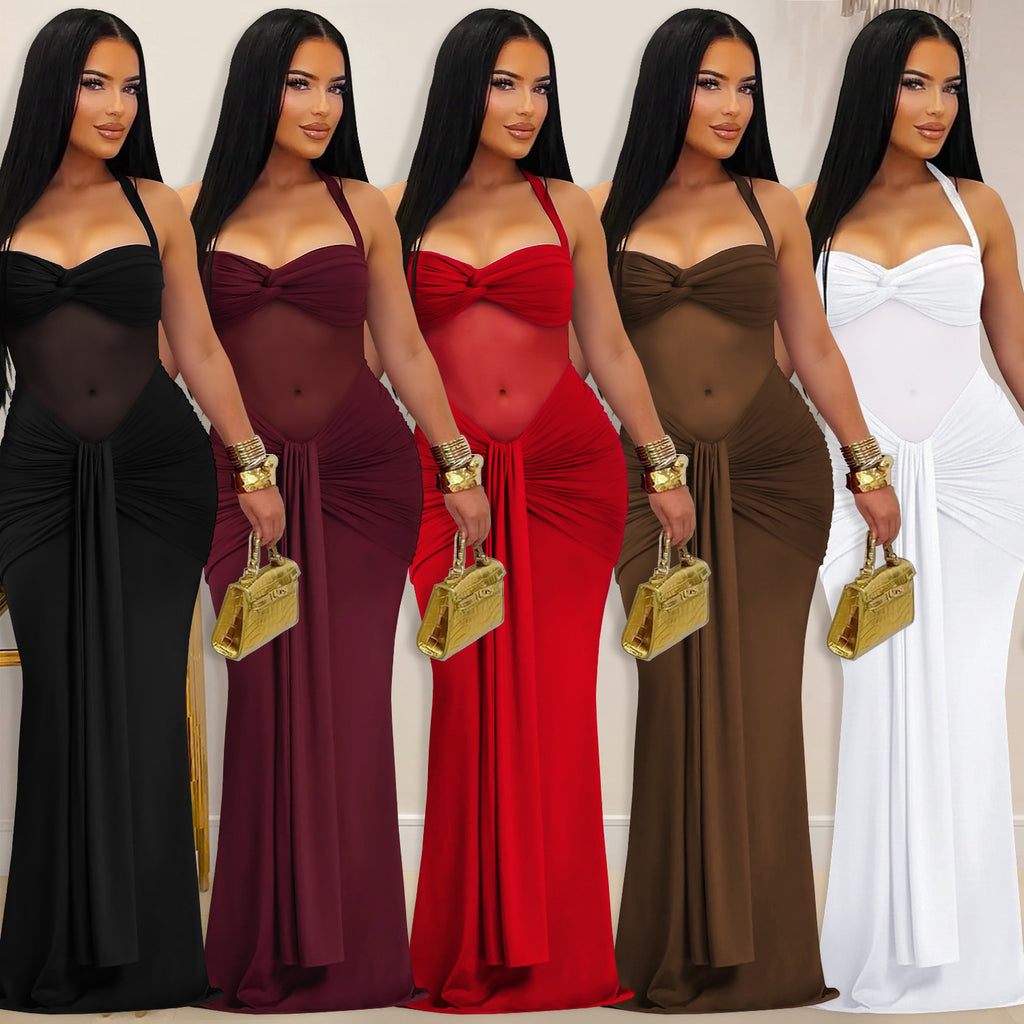 Robe Longue Femme Halter — Mesh Transparent & Laçage Dos Nu
