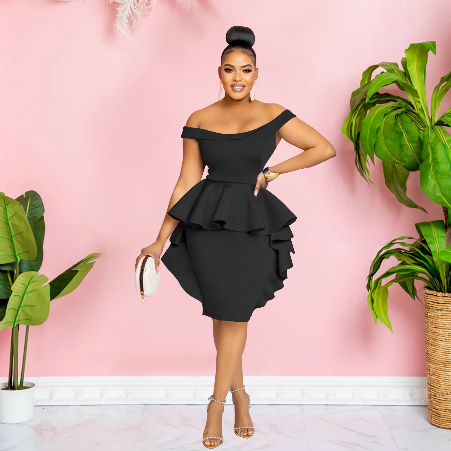 Robe Mi-Longue Femme Épaule Dénudée — Dentelle & Fermeture Zip Élégante