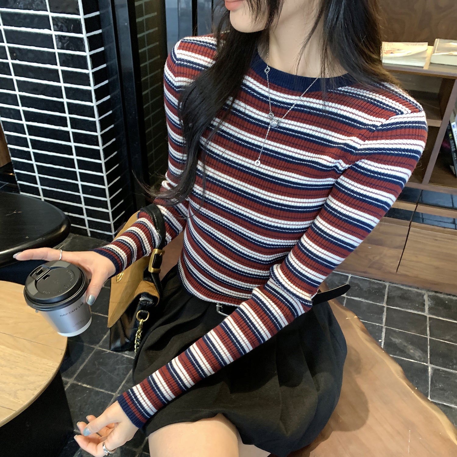 Top Tricot Rayures Femme — Col Rond Manches Longues Coupe Ajustée