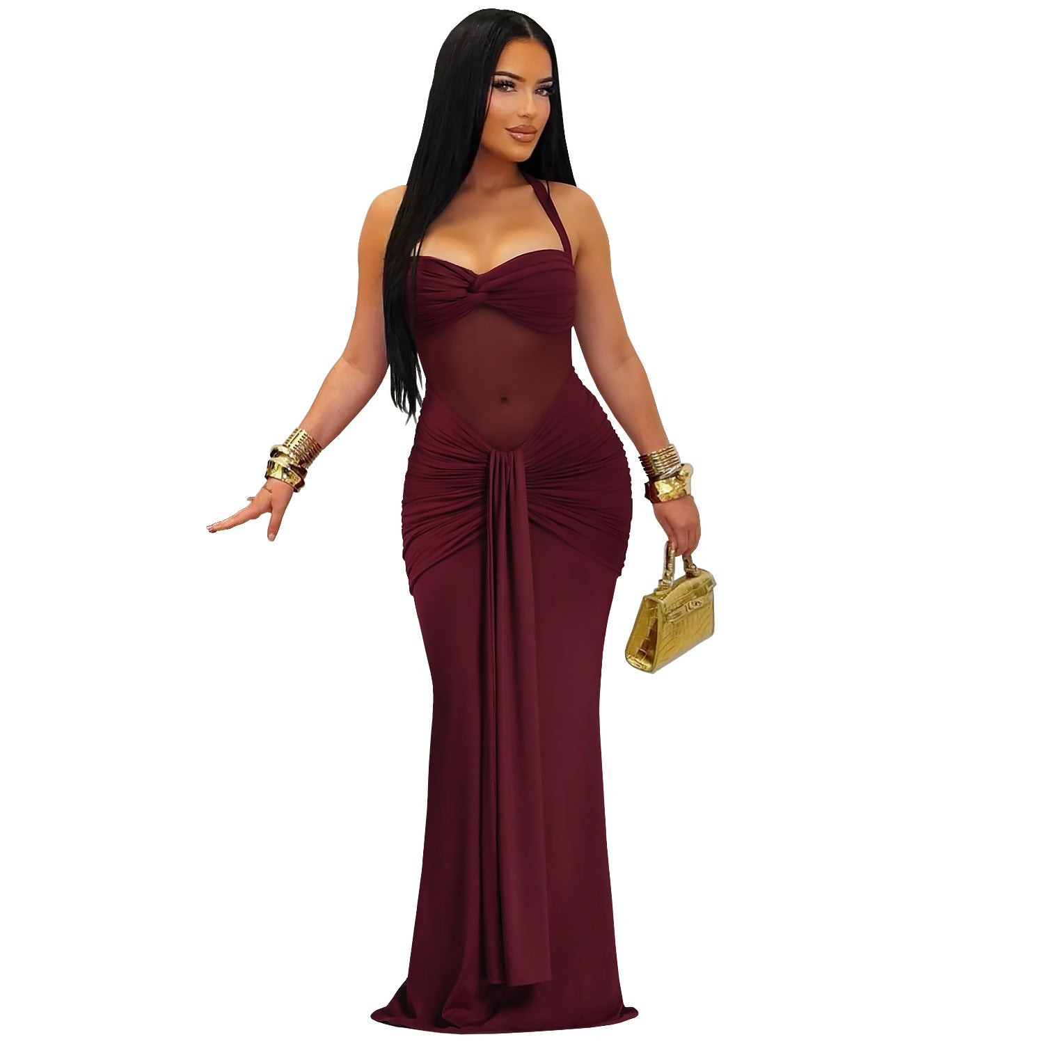 Robe Longue Femme Halter — Mesh Transparent & Laçage Dos Nu