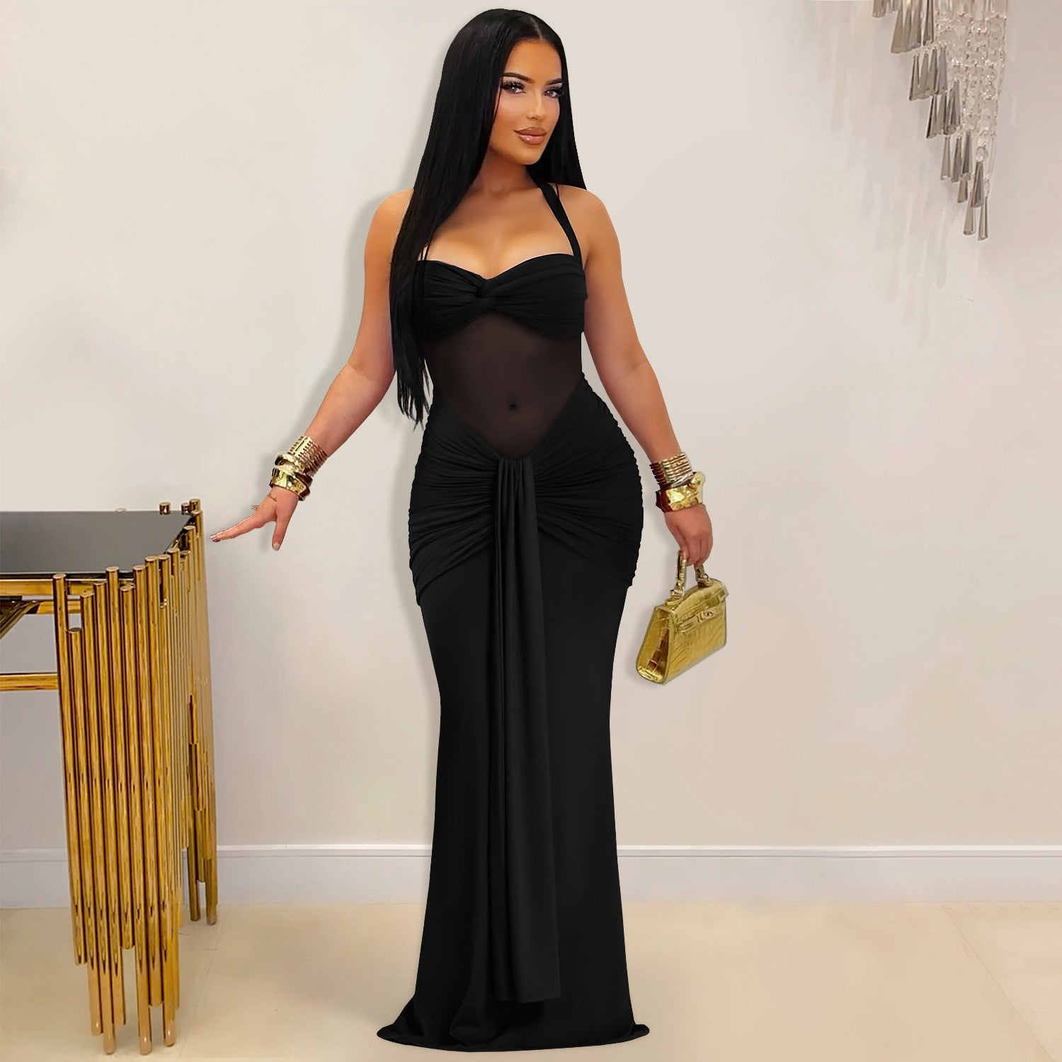 Robe Longue Femme Halter — Mesh Transparent & Laçage Dos Nu
