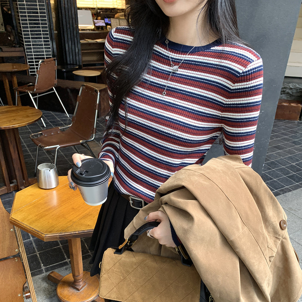Top Tricot Rayures Femme — Col Rond Manches Longues Coupe Ajustée