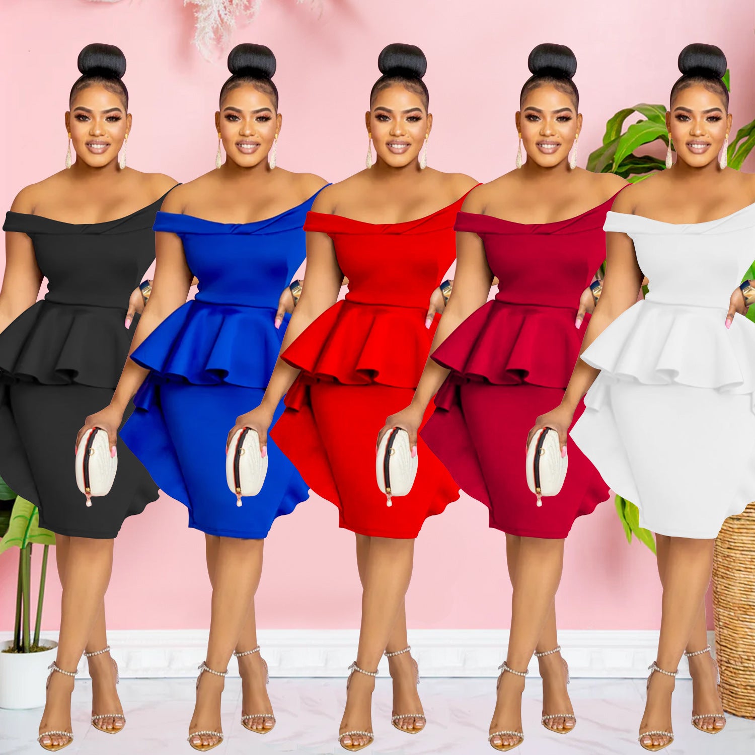 Robe Mi-Longue Femme Épaule Dénudée — Dentelle & Fermeture Zip Élégante