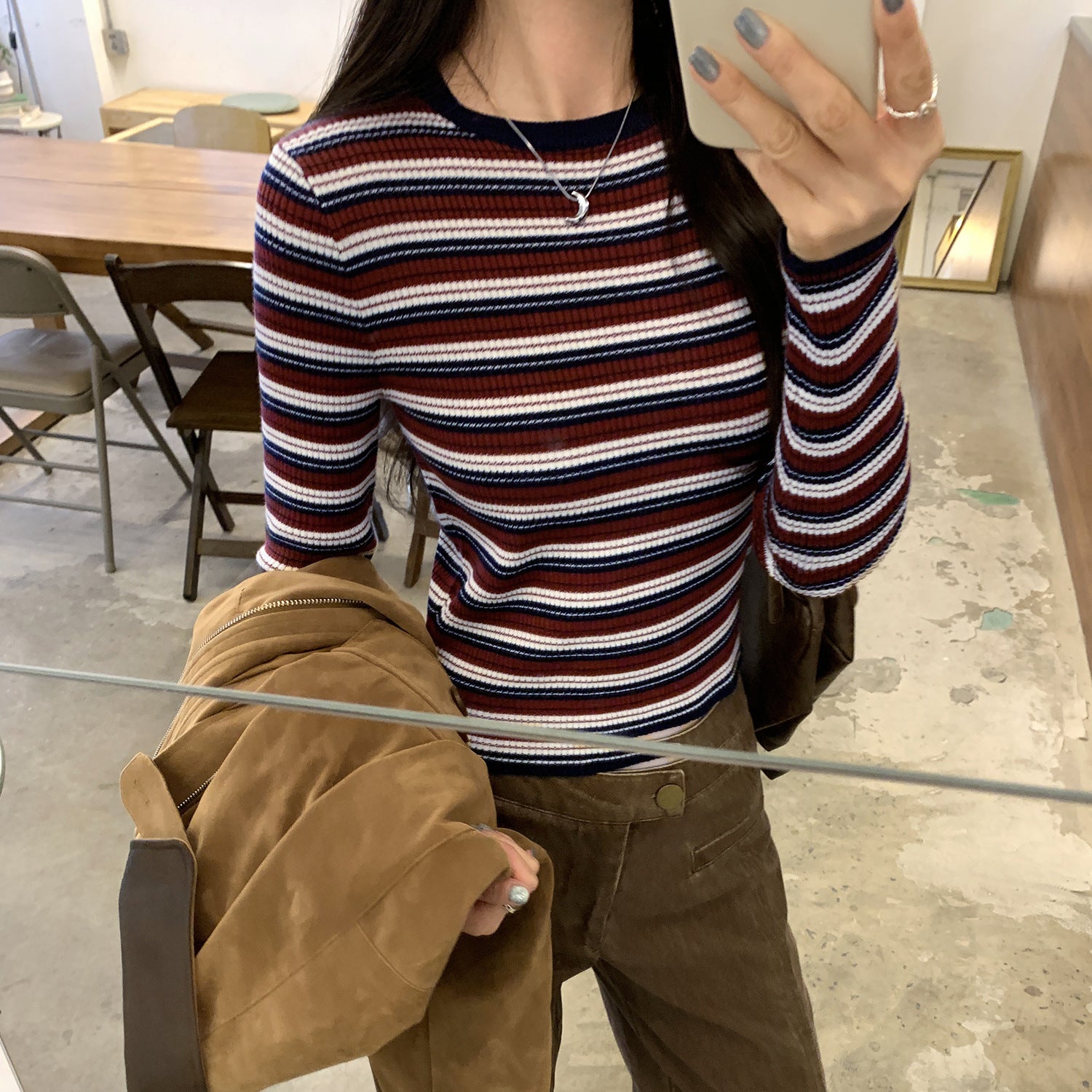 Top Tricot Rayures Femme — Col Rond Manches Longues Coupe Ajustée