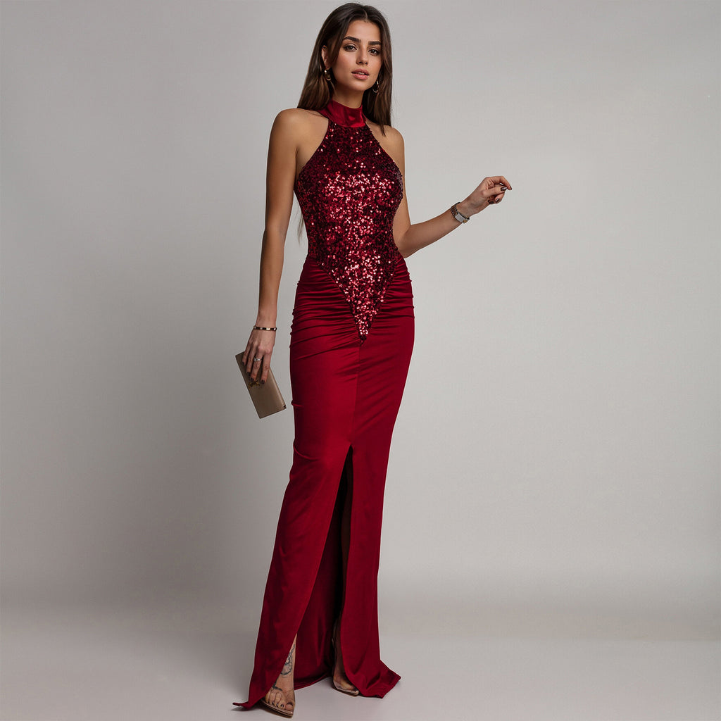 Robe Longue Moulante à Perles — Col Haut & Style Élégant Femme