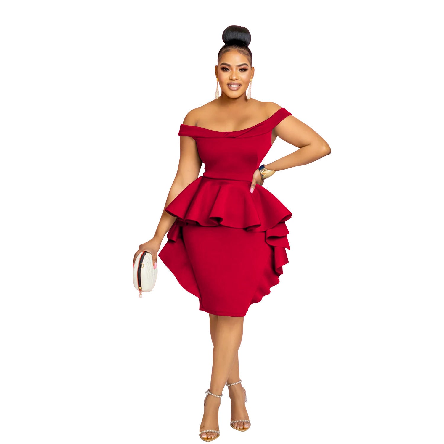 Robe Mi-Longue Femme Épaule Dénudée — Dentelle & Fermeture Zip Élégante