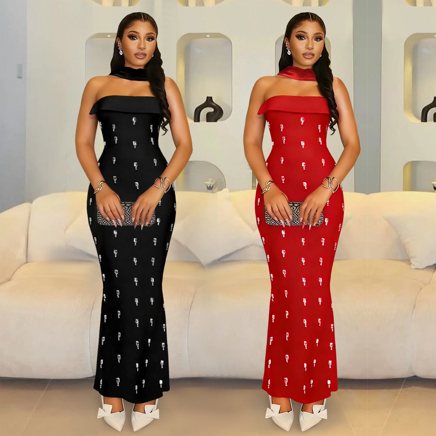 Ensemble Robe Longue Bustier à Strass — 2 Pièces Élégant Femme