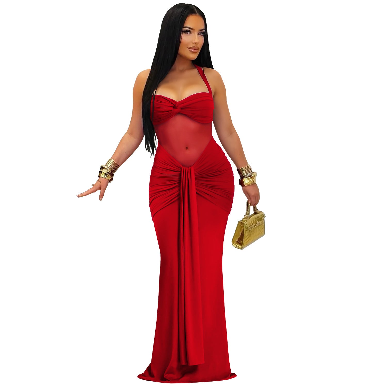 Robe Longue Femme Halter — Mesh Transparent & Laçage Dos Nu