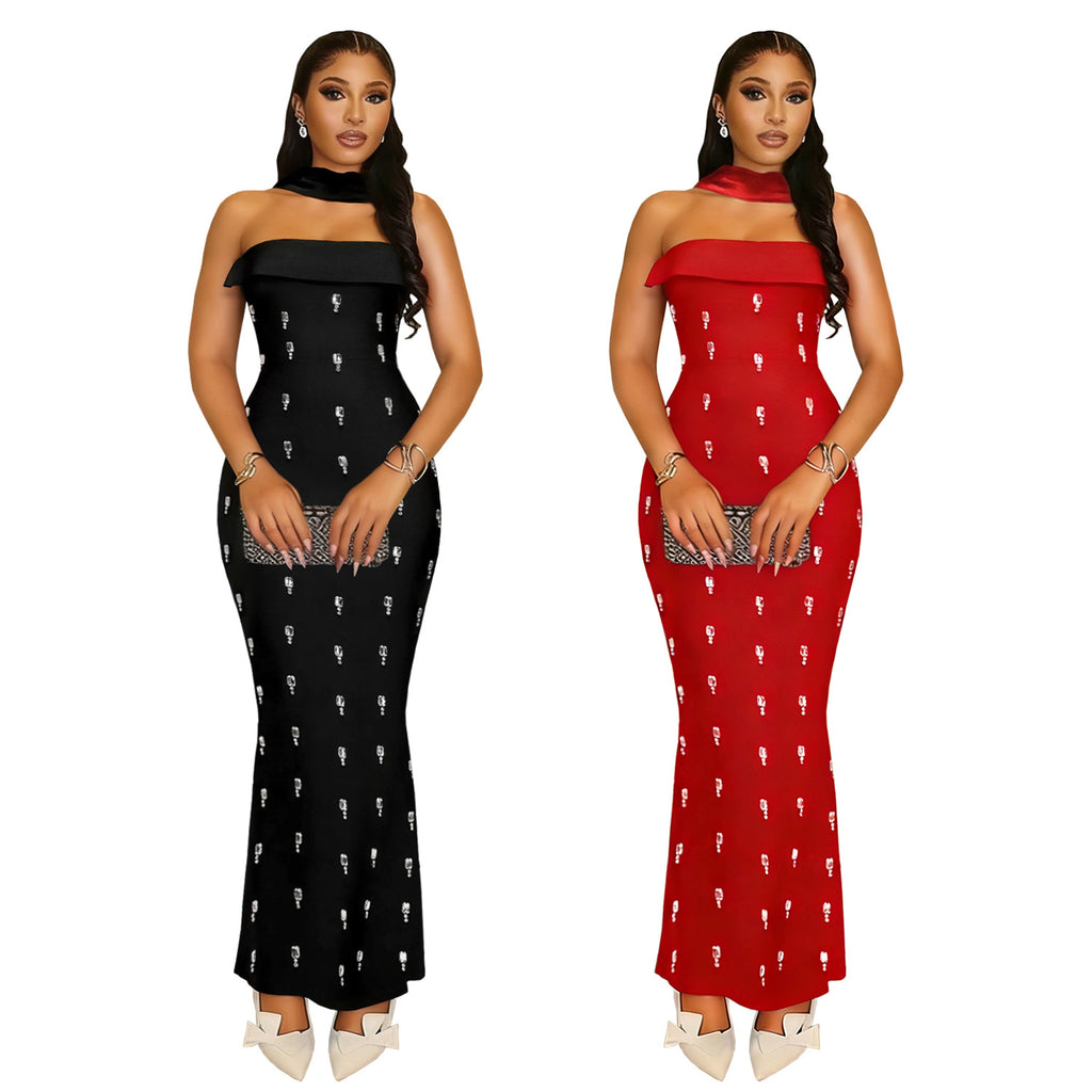 Ensemble Robe Longue Bustier à Strass — 2 Pièces Élégant Femme