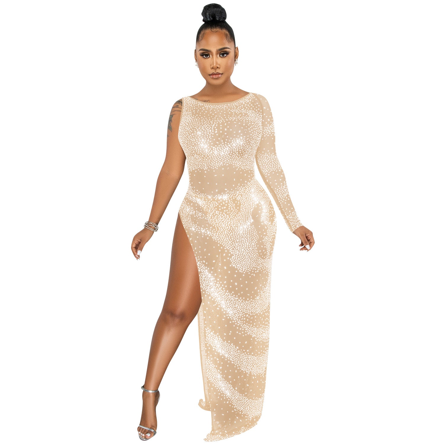 Robe Longue Asymétrique à Strass — Manche Unique & Fente