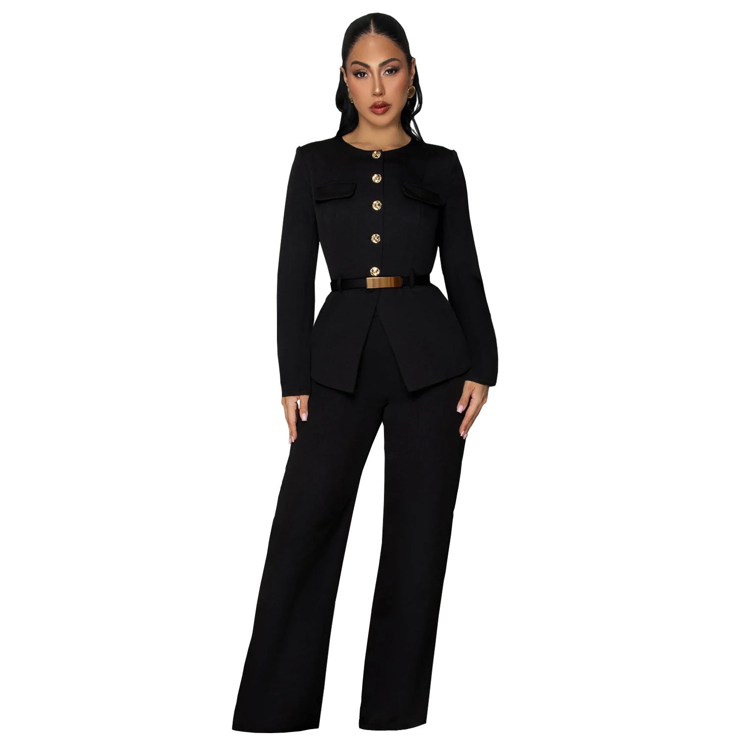 Ensemble Femme Top & Pantalon Ceinturé — Coupe Ajustée & Style Chic