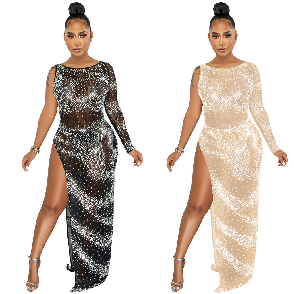Robe Longue Asymétrique à Strass — Manche Unique & Fente