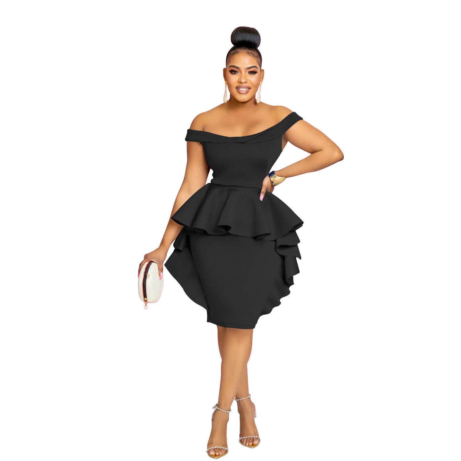Robe Mi-Longue Femme Épaule Dénudée — Dentelle & Fermeture Zip Élégante