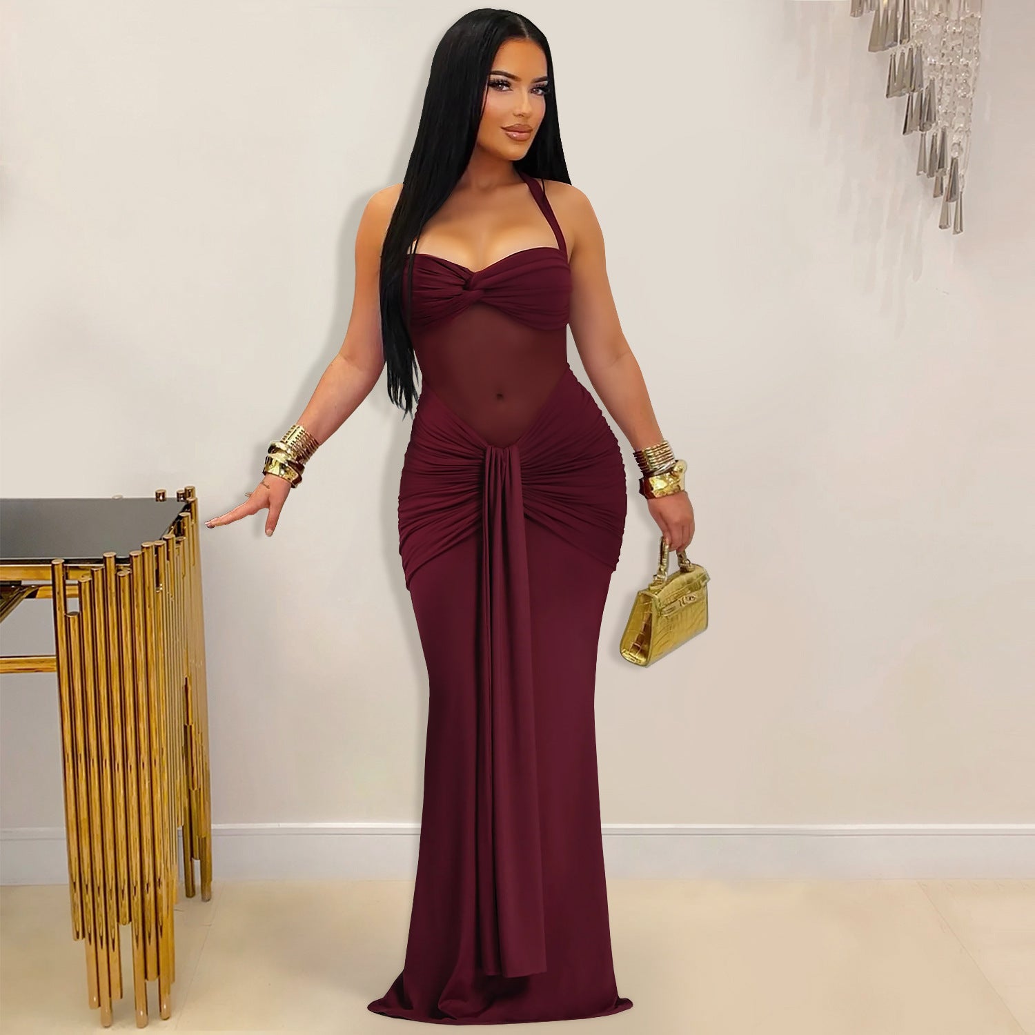 Robe Longue Femme Halter — Mesh Transparent & Laçage Dos Nu