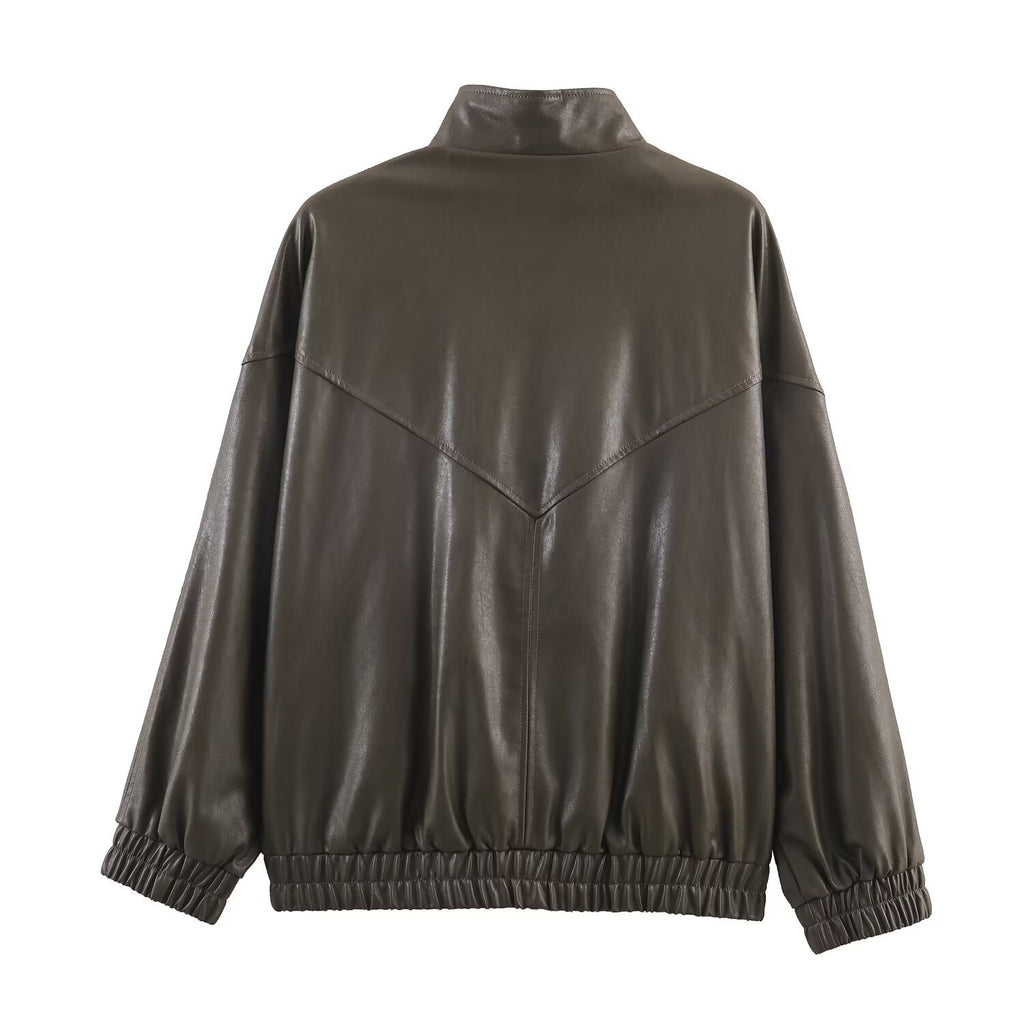 Veste Pilote Femme en Simili Cuir — Col Reversé & Fermeture Zip