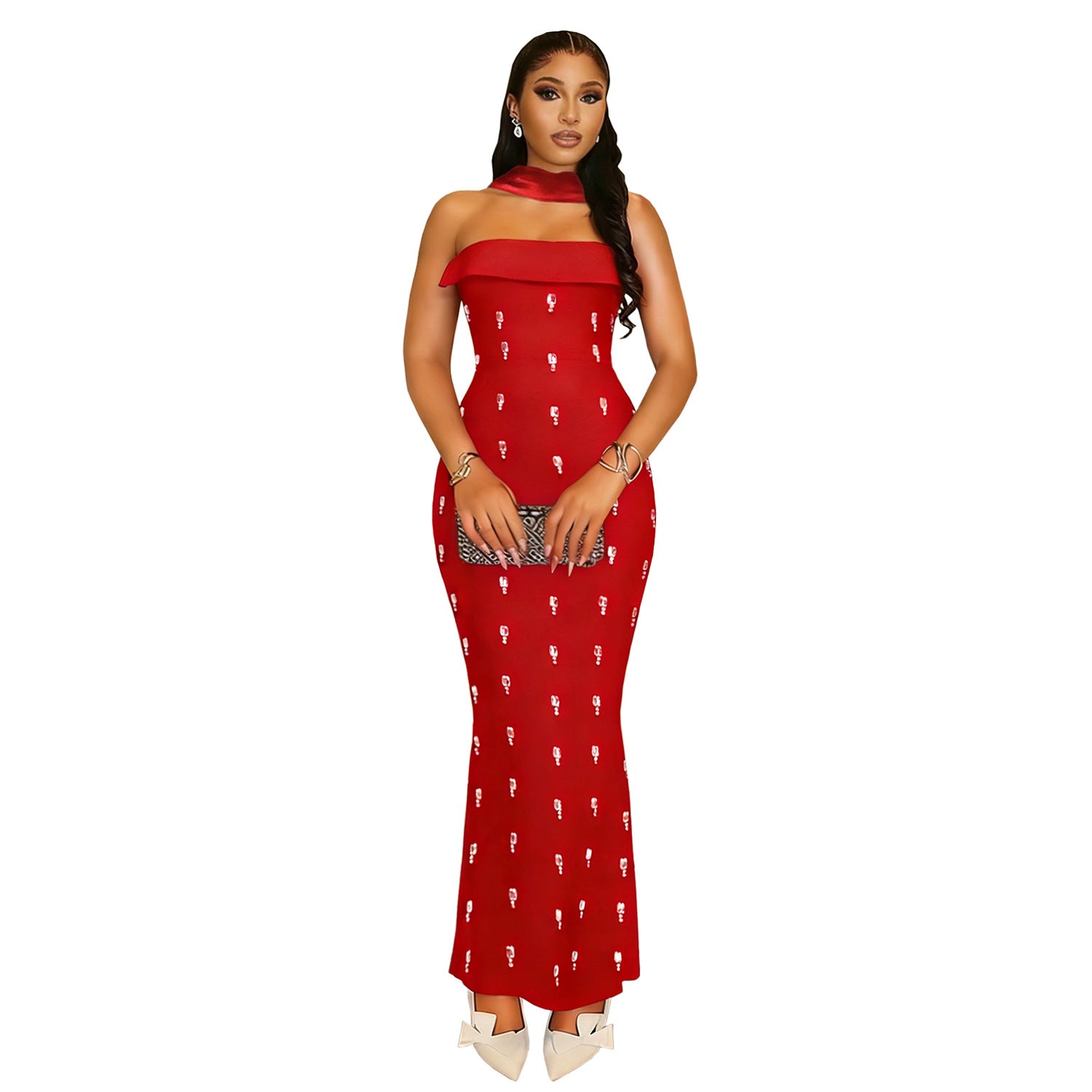 Ensemble Robe Longue Bustier à Strass — 2 Pièces Élégant Femme