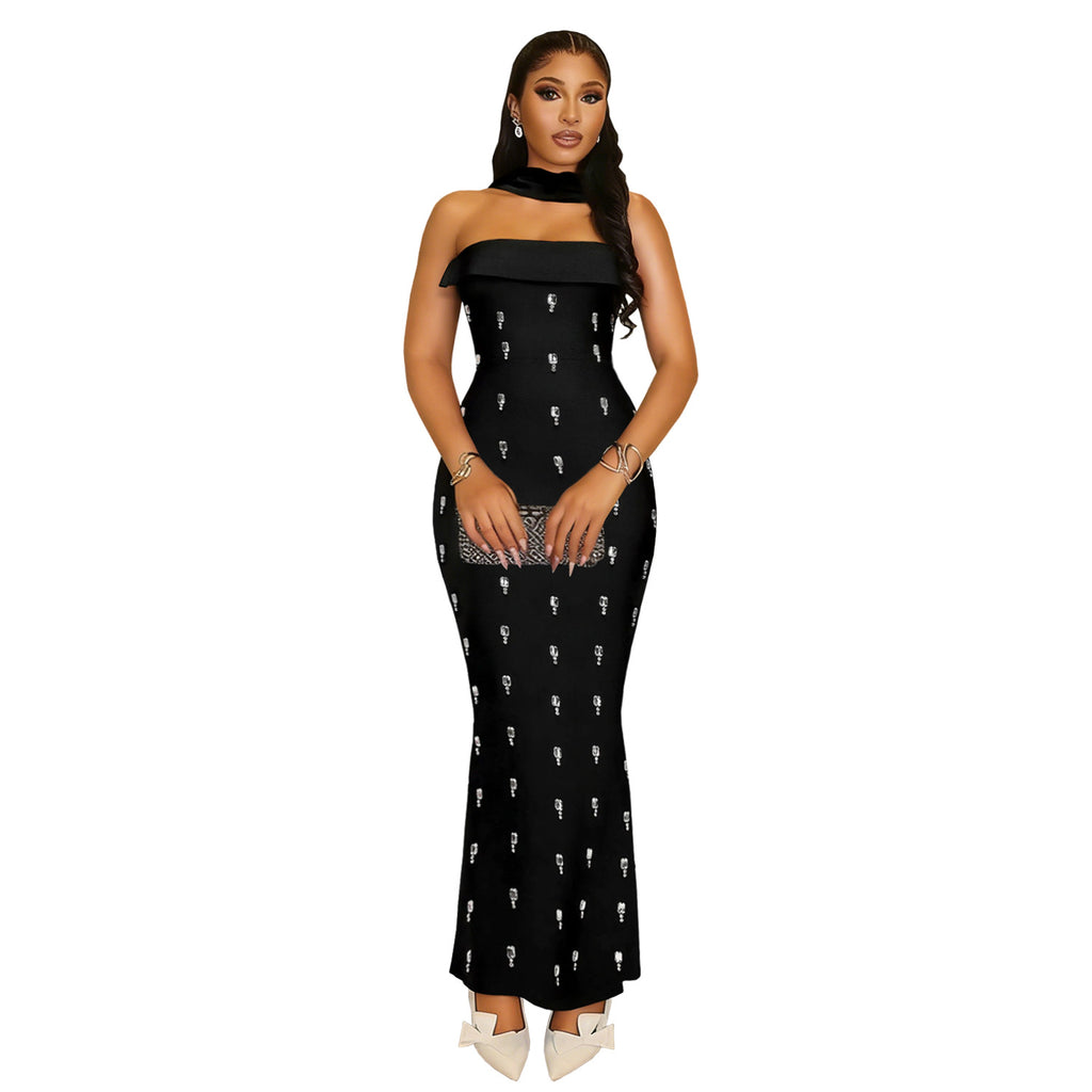 Ensemble Robe Longue Bustier à Strass — 2 Pièces Élégant Femme