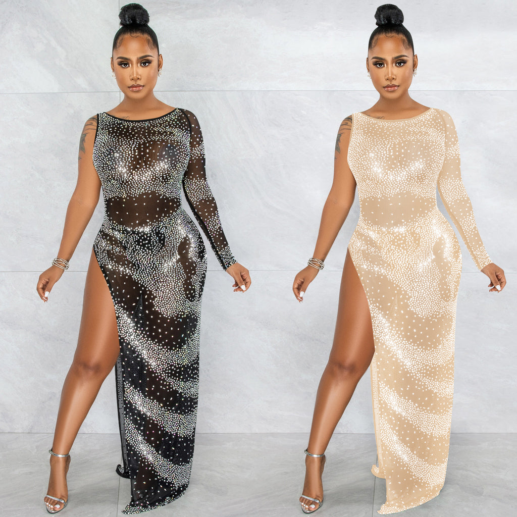 Robe Longue Asymétrique à Strass — Manche Unique & Fente