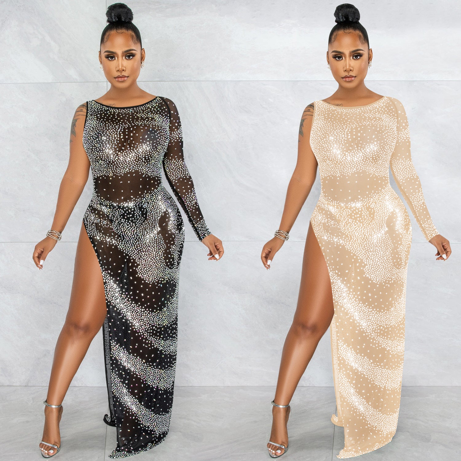 Robe Longue Asymétrique à Strass — Manche Unique & Fente