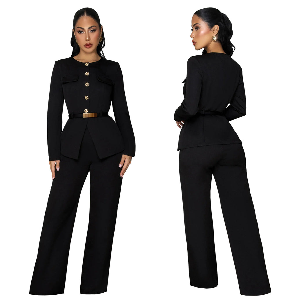 Ensemble Femme Top & Pantalon Ceinturé — Coupe Ajustée & Style Chic