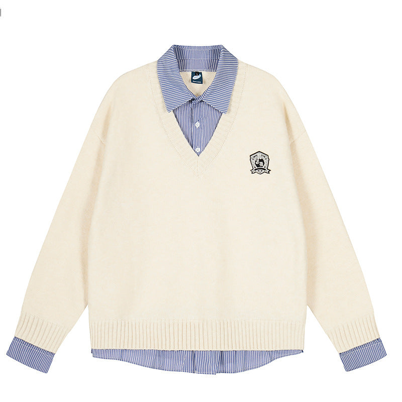 Pull Tricot À Carreaux Effet 2 en 1 — Col Polo Manches Longues Automne