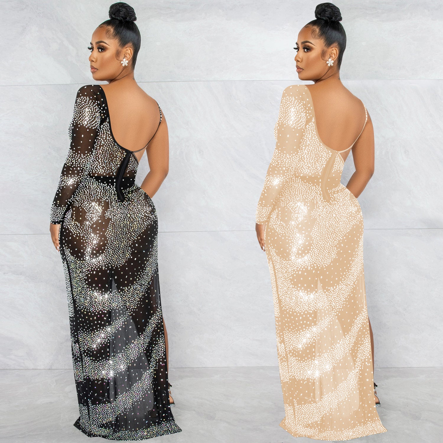 Robe Longue Asymétrique à Strass — Manche Unique & Fente