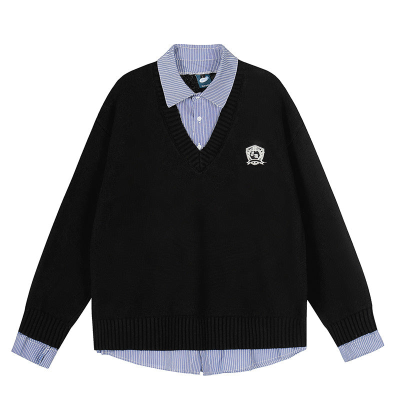Pull Tricot À Carreaux Effet 2 en 1 — Col Polo Manches Longues Automne