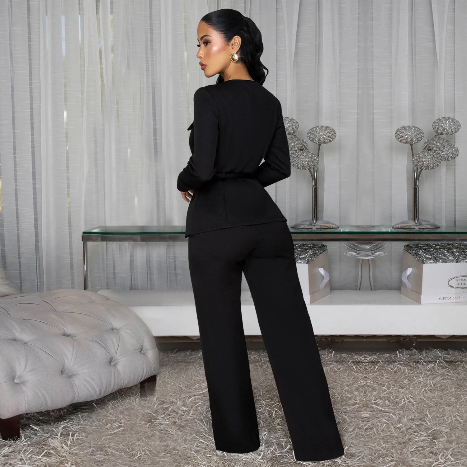 Ensemble Femme Top & Pantalon Ceinturé — Coupe Ajustée & Style Chic