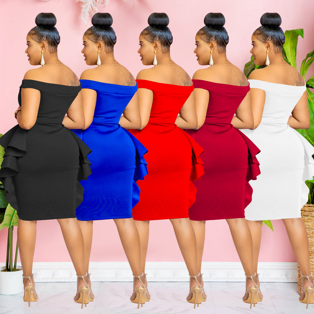 Robe Mi-Longue Femme Épaule Dénudée — Dentelle & Fermeture Zip Élégante