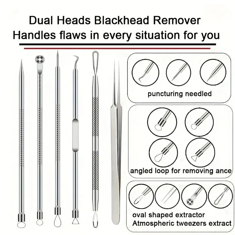 Kit d'Extraction Points Noirs & Acne - 6 Outils Professionnels en Acier Inoxydable