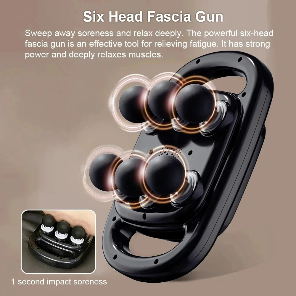 Pistolet de massage 6 têtes – Percussion profonde pour muscles, cou & colonne vertébrale